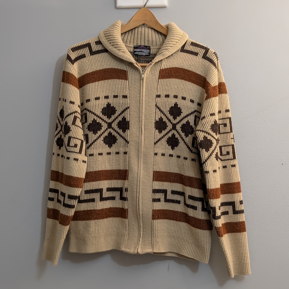 (M) Dimension by Milford Cardigan Sweater w/ Brown and Orange Geometric Designs